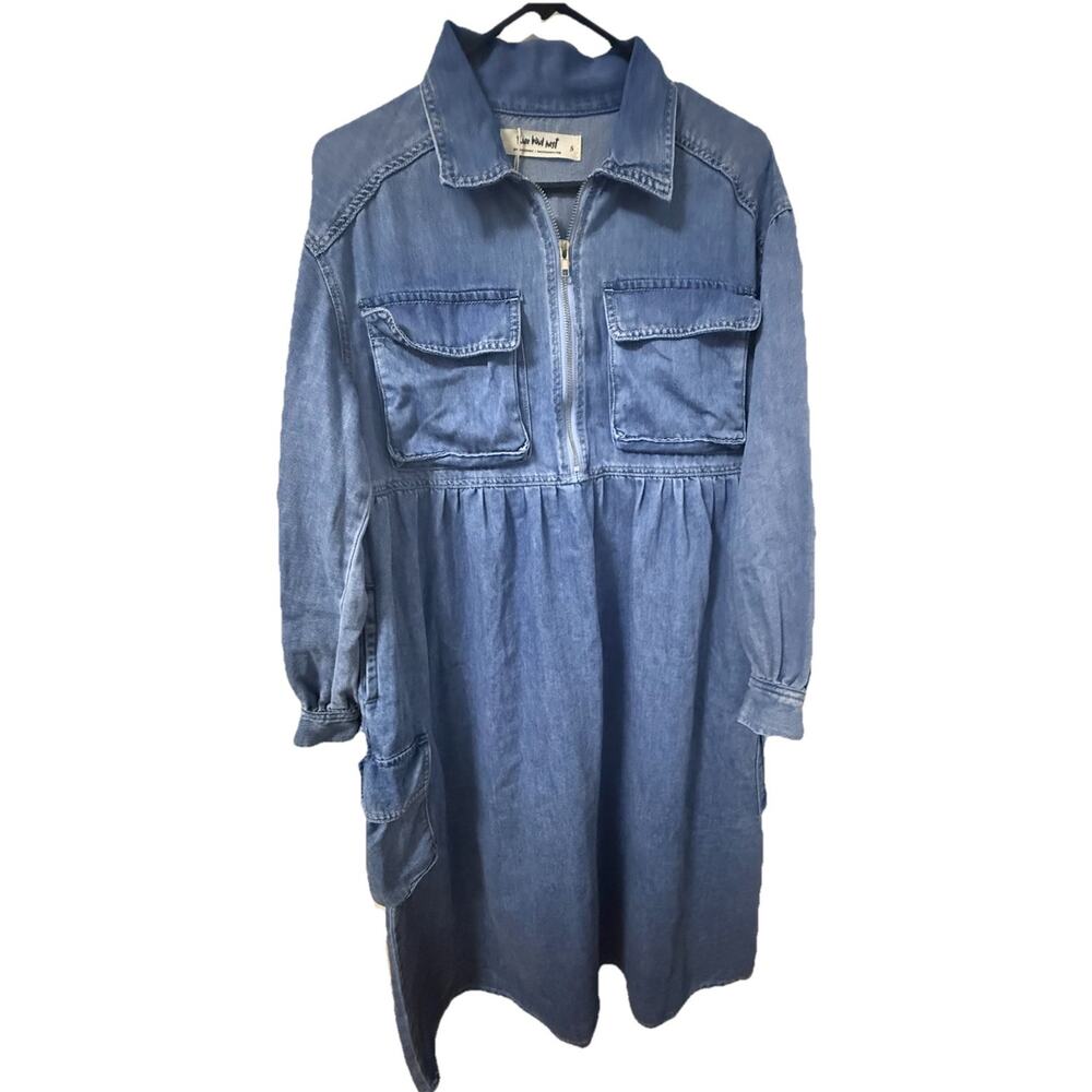 NWT THREE BIRD NEST Blue Denim Maxi Long Sleeve Zip Shirt Boho Dress Size Small